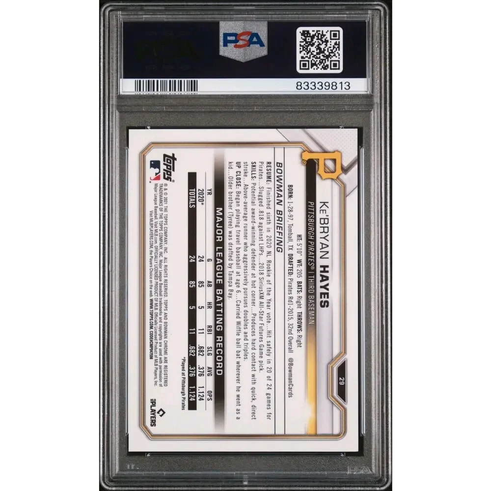 2021 BOWMAN CHROME Blue 🔵 REFRACTOR KE'BRYAN HAYES ROOKIE /150 #29 PSA 10 GEM
